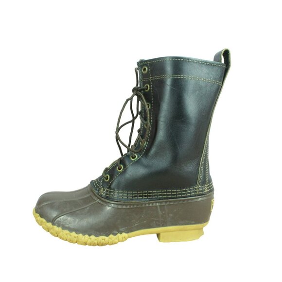LL Bean Black Leather Lace Up Round Toe Unlined Mid Calf Duck Boots Size 7 M - Picture 1 of 9